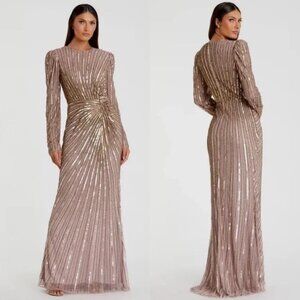 NEW NWT Mac Duggal 5641 Embellished Puff Sleeve Side Knot Gown In Mocha Sz 12